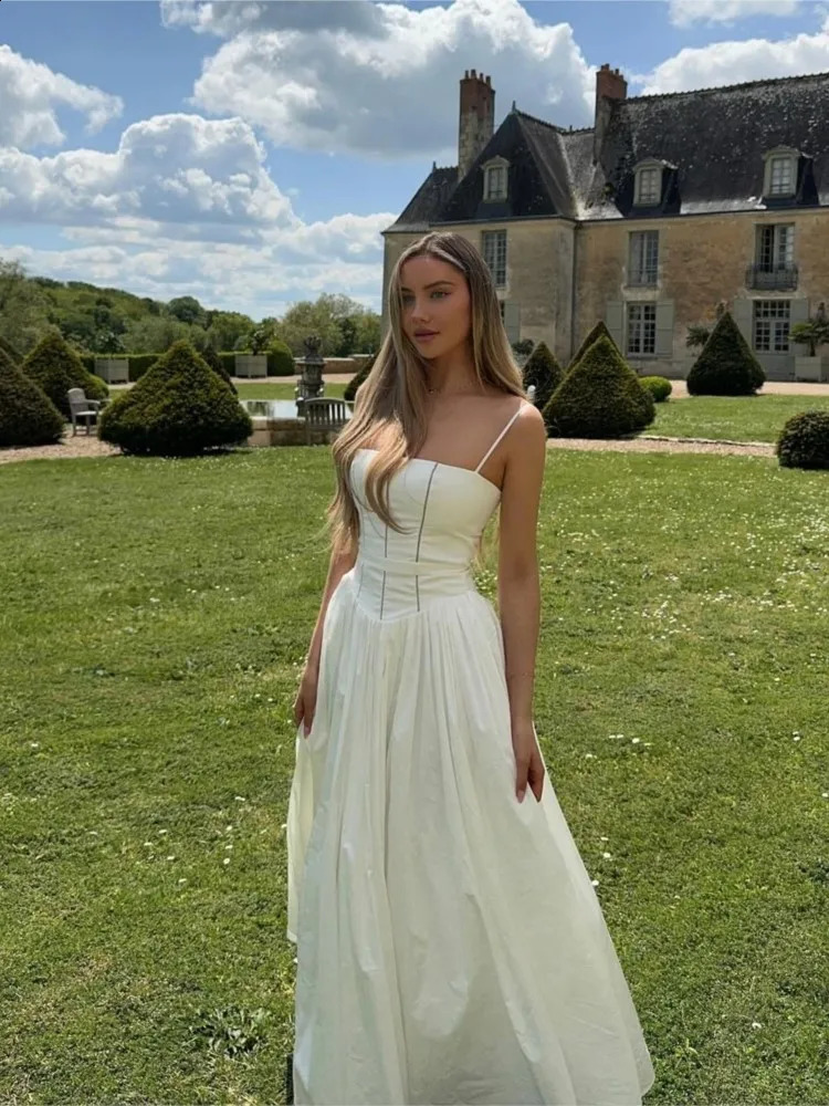 Women Elegant Patchwork Suspenders Maxi Dress Fashion Slim White Backless Sleeveless A-line Dresses Summer Lady Chic Party Robes 240823