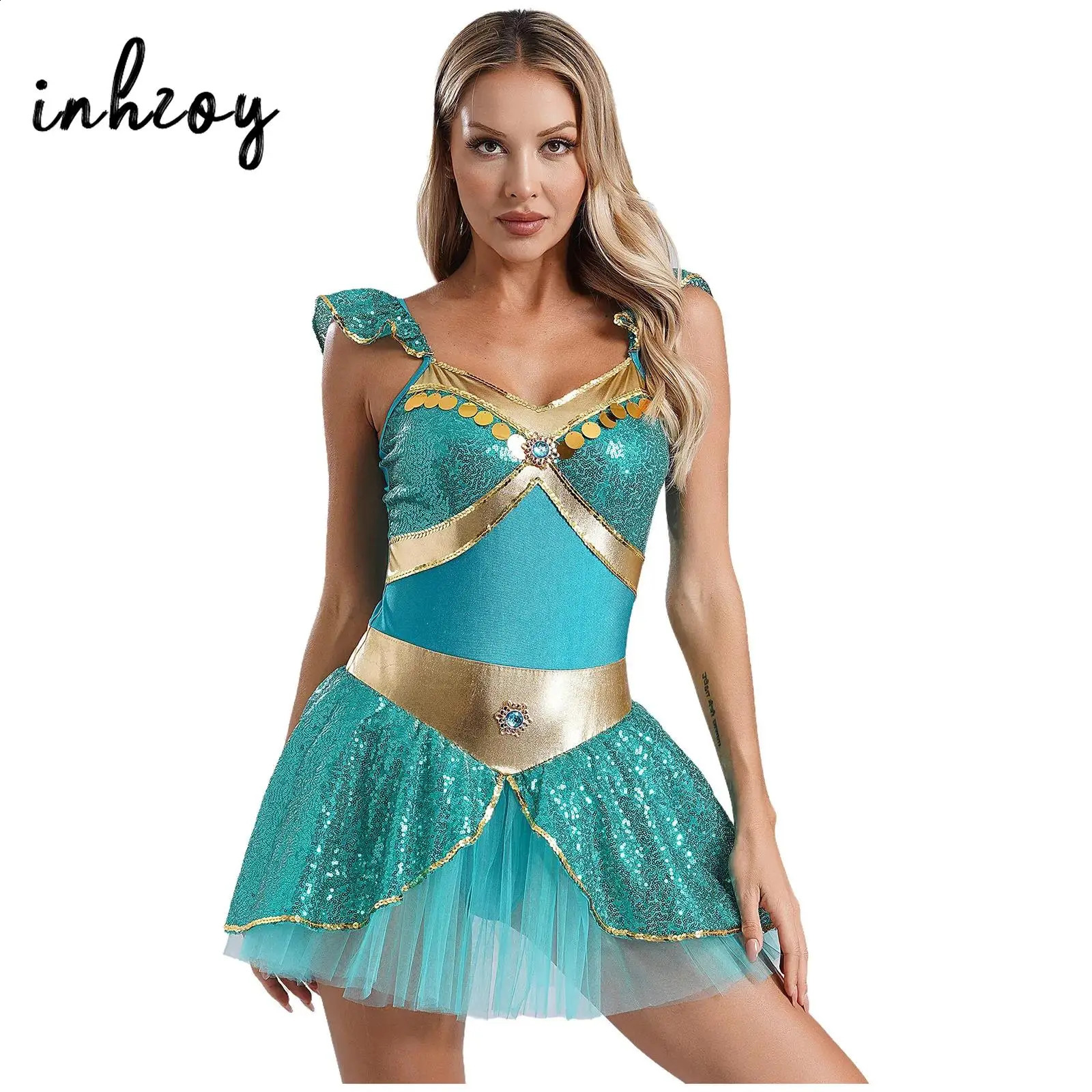 Womens Arabian princess costume with flying sleeves gemstone sequins sheer bodysuit Tutu dress Halloween carnival theme party roleplaying outfit w2408