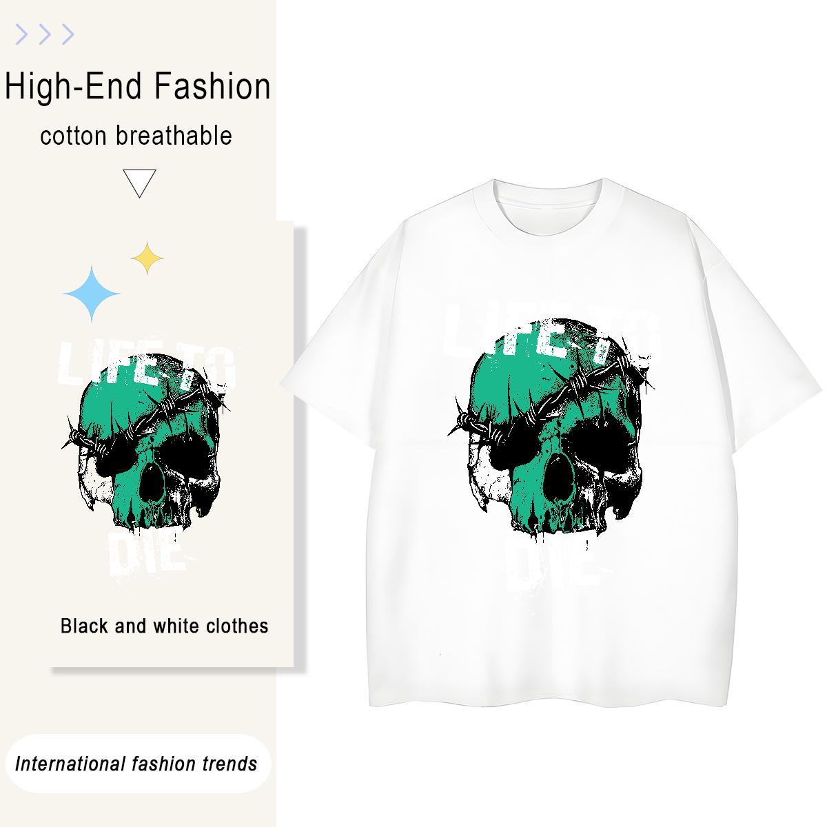 Brand T Shirts Men 100% Cotton 230g skull Casual Beach Cartoon Print O-Neck Short Sleeve Men Clothes T-Shirt Custom Tops