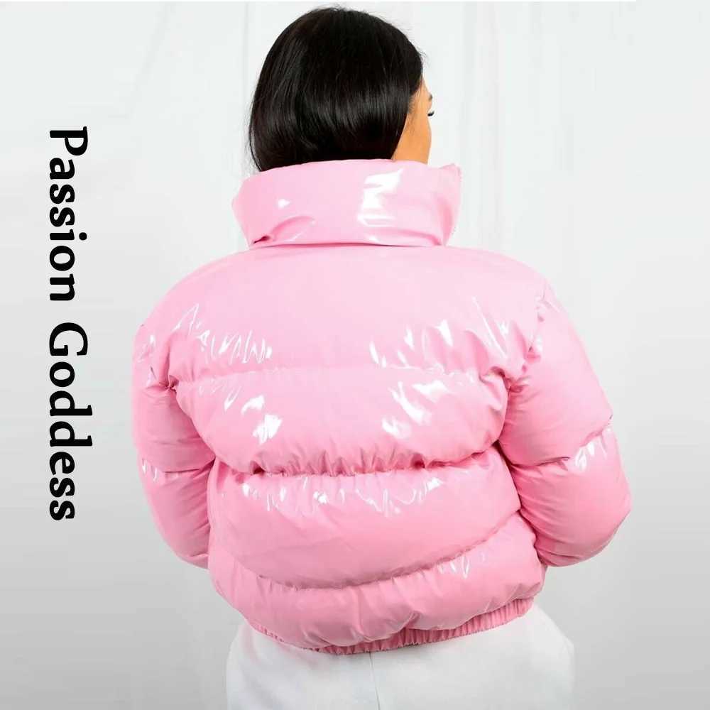 Women's Down Parkas Winter Women Shiny PU Leather Puffer Jackets Warm Thick Bubble Coat Cute Parkas Down Zipper Loose Puffly Cropped Jacket XXL Y