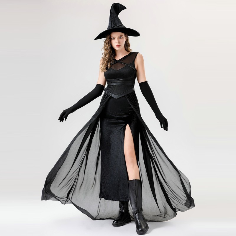 Womens classic Halloween costume dark gothic witch cosplay sexy long dress set with hat and gloves fashionable mesh stage performance w240824