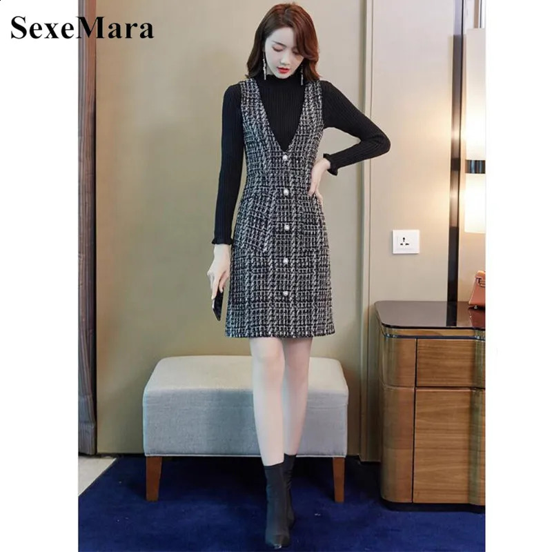 Flash tweed dress autumn and winter V-neck long-sleeved two-piece bottoming knit tweed casual dress 240824
