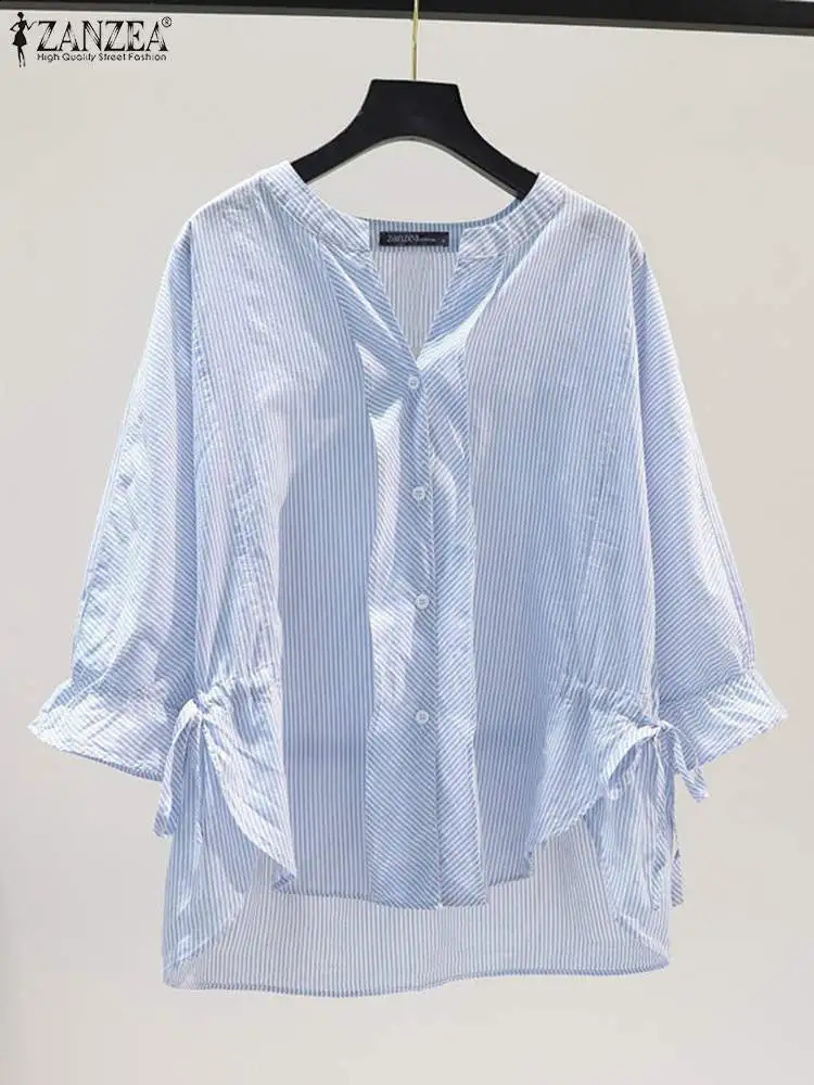 ZANZEA Women Striped Shirt Korean 3/4 Sleeve Blouse Fashion V Neck Buttons Shirt Drawstring Asymmetrical Tunic Casual Loose Tops 240823
