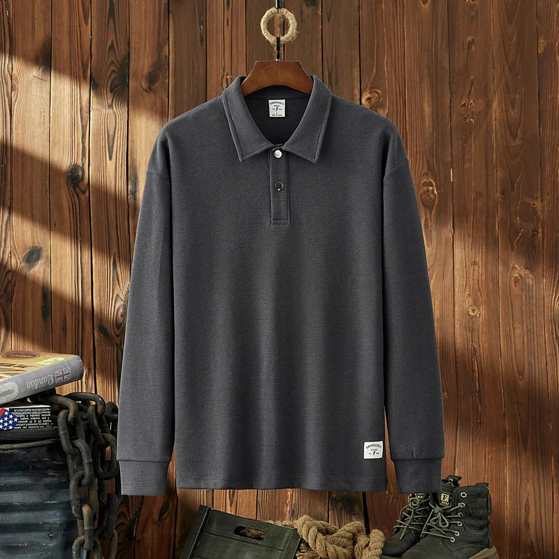 6308 Autumn American Retro Long Sleeve Henry Collar Solid Color Polo Shirt Mens Simple Pure Cotton Washed Loose Casual Tops 240824
