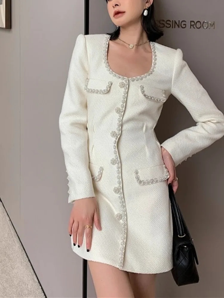 Womens Pearl Rhinestone Decoration Mini Dress Long Sleeve Autumn Female Tweed Single Breasted Elegant Robes 240824