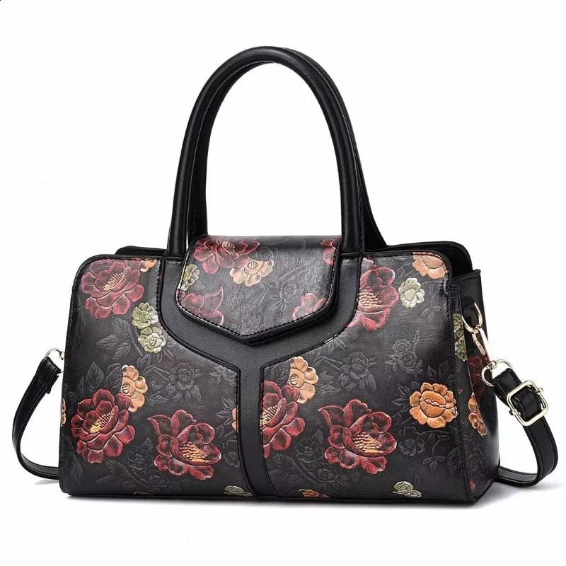 Fashion shoulder bag womens retro floral pattern portable handbag PU Communicating Boston womens cross body handbag 240904