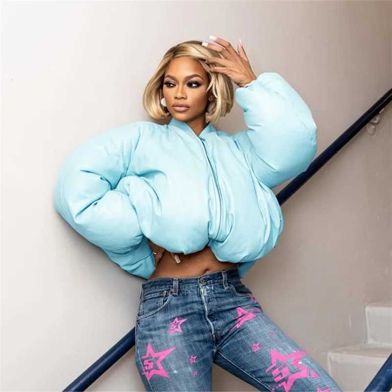 Women's Down Parkas Women Sky Blue Bread Jacket Baseball Puffer Jackets Cute Warm Thick Bubble Coats Bomber Parkas Jacket Zipper Puff Parkas Down