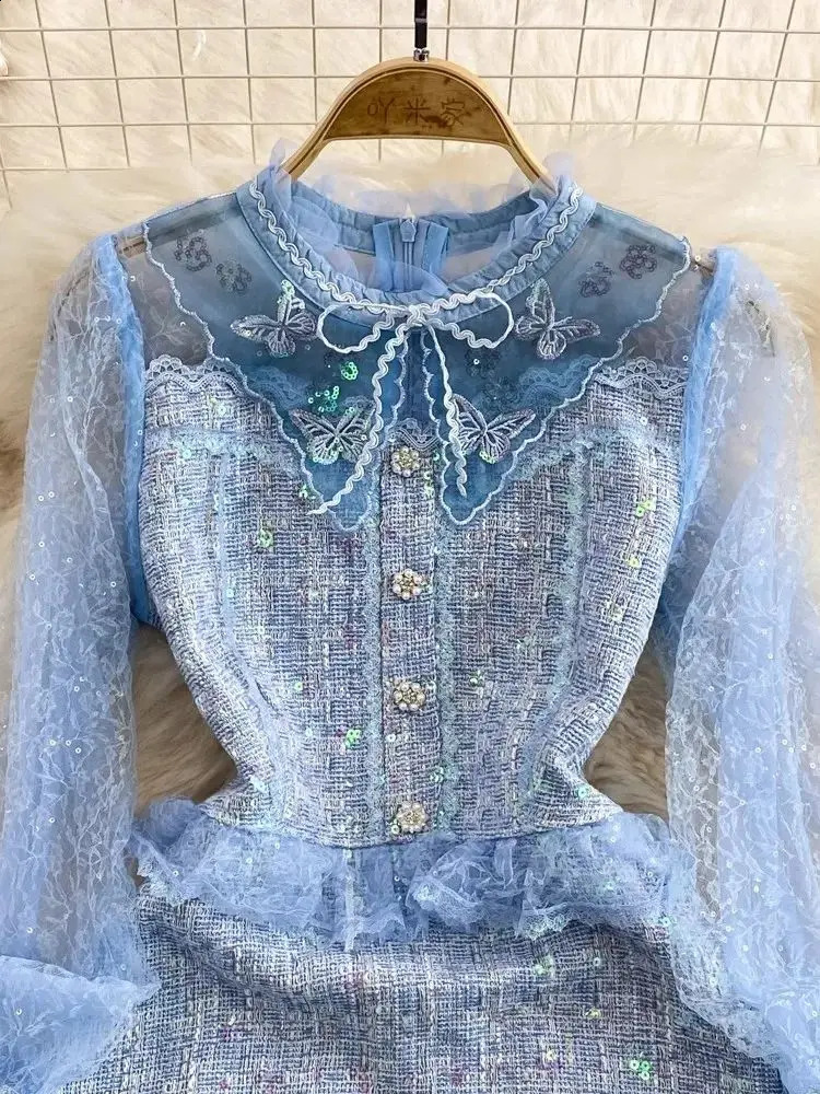 Sweet s Blue Tulles Mesh Bow Collar Butterfly Embroidery Ruffles Stitching Tweed Long Petal Sleeve Sequined Mini Dresses 240824