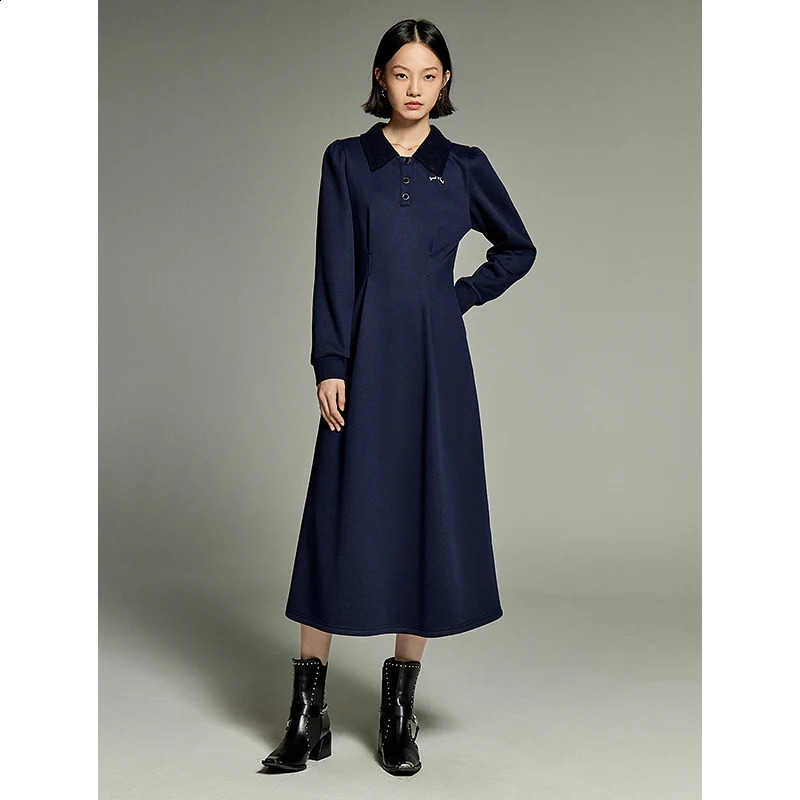 Toyouth Women Corduroy Plush Dress Winter Long Sleeve Polo Neck with Buttons A-shaped Slim Waist Retro Elegant Navy Skirt 240824