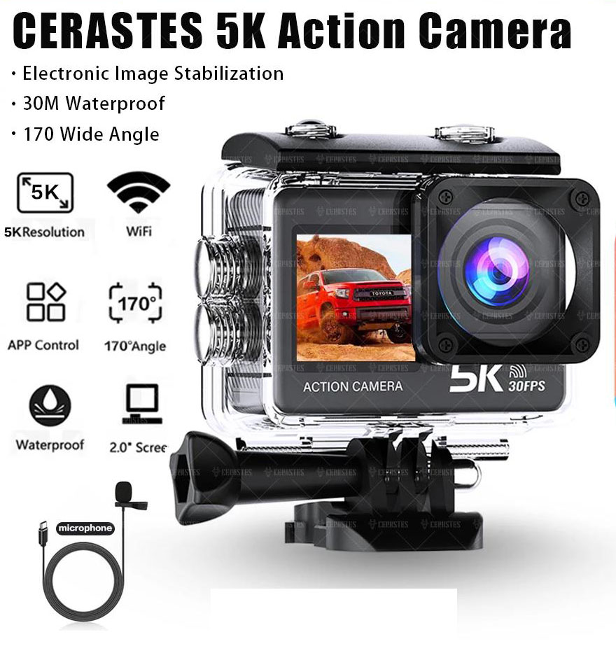 4K 5K Sports Camera 60FPS Anti-shake 30M Waterproof Helmet Video Recording Diving Surfing Camping 1080P Action Cameras with Remote Touch Screen Wi-Fi 