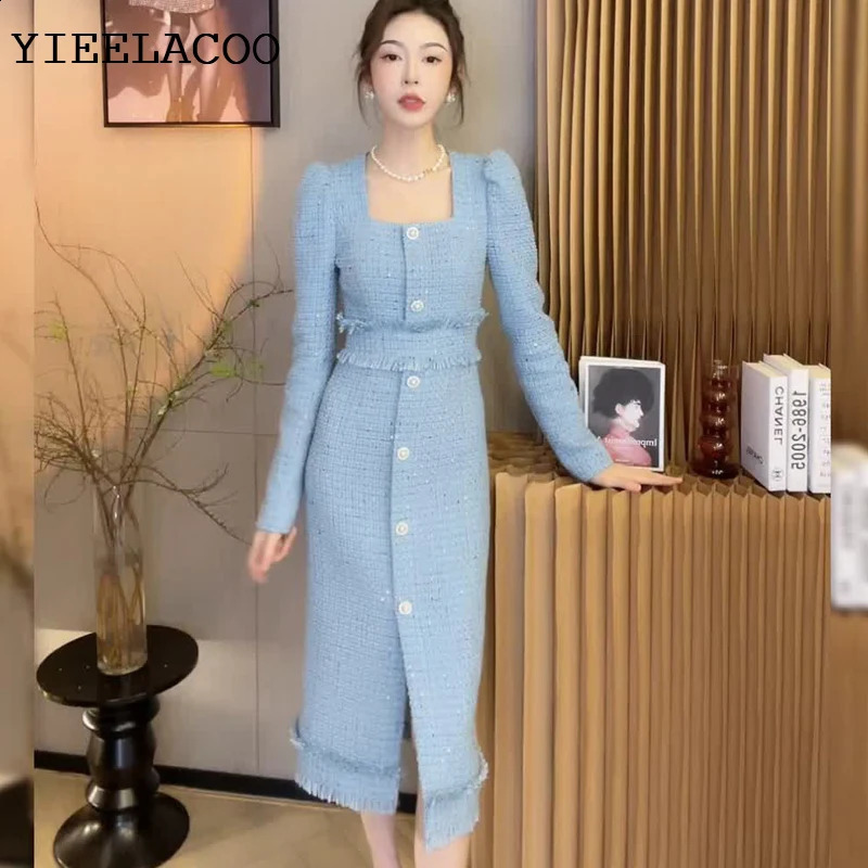 Blue tweed dress spring / autumn womens dress tassel Long sleeved ladies slim bottoming dress one-piece 240824
