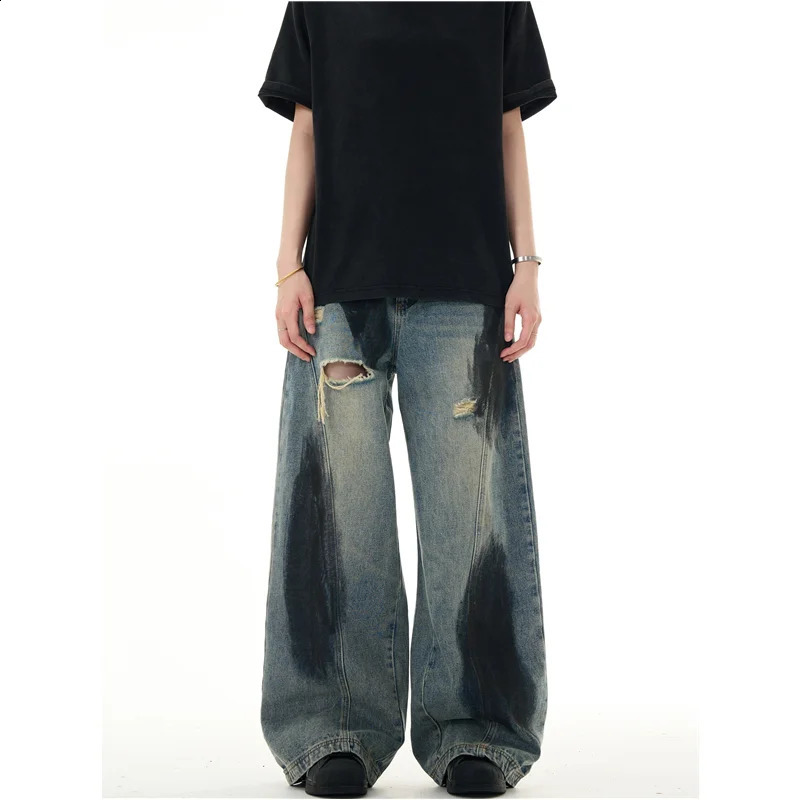 Vintage high waisted luggage jeans Y2k punk hiphop ripped Harajuku womens rock wide leg lazy pants streetwear 240823