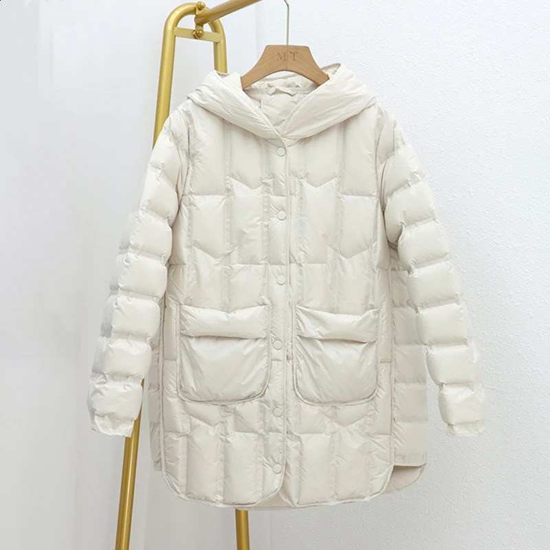 Autumn and winter womens mid length hooded inflatable coat ultra light white duck down jacket single chest park 240823