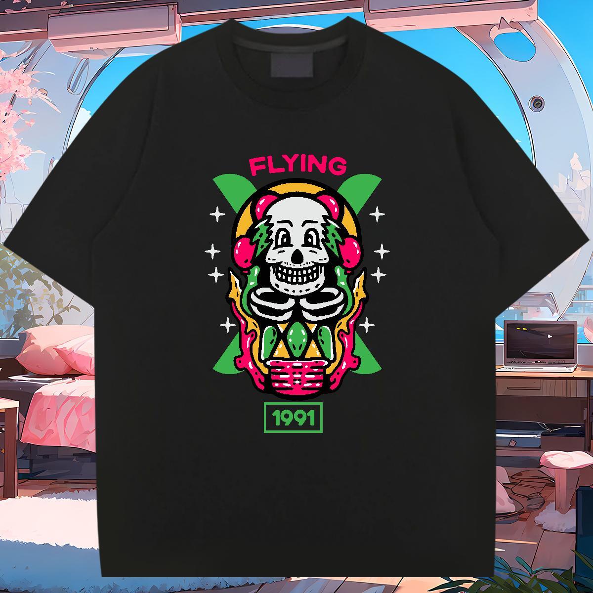 High Quality T Shirts Men 230g Pure Cotton skull Street Wear Black White Round Neck Short Sleeve Men Clothes T-Shirt Fashion Tops