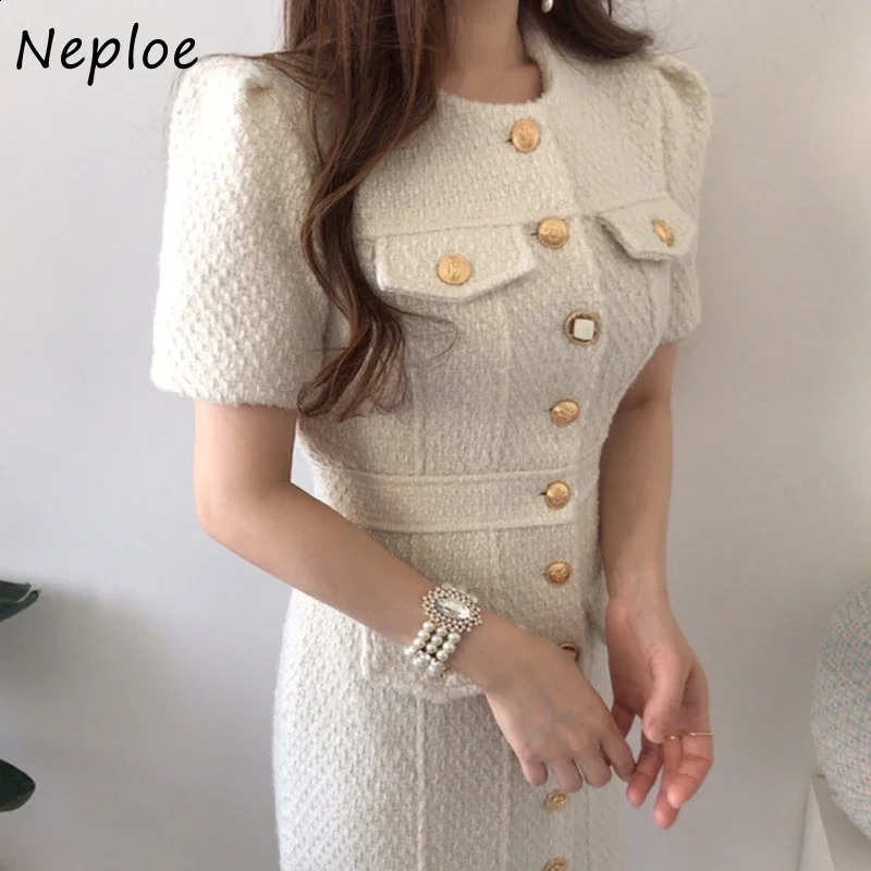 French Temperament Round Neck Robe Femme Chic Metal Buckle Slim Vestidos Mujer Short Sleeve Tweed Bodycon Dress Women 240824