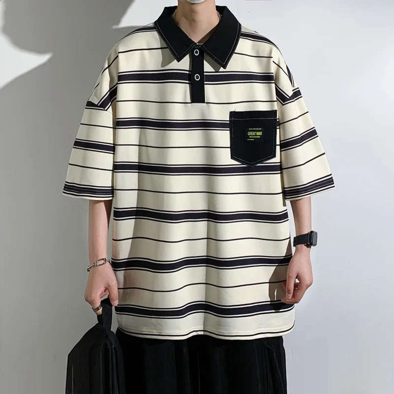 2024 Summer Men POLO Shirt Trend Loose Clothing Students Short-sleeved T Shirt Tops Round Neck Five-quarter Sleeve Harajuku 240814