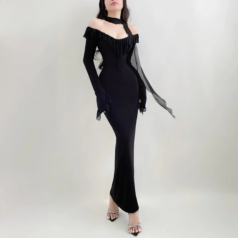 Xeemilo Black Mesh Ruffles Evening Dress Temperament Round Collar Slim Long Sleeve Maxi Dresses Women Elegant Party Club Robe 240823
