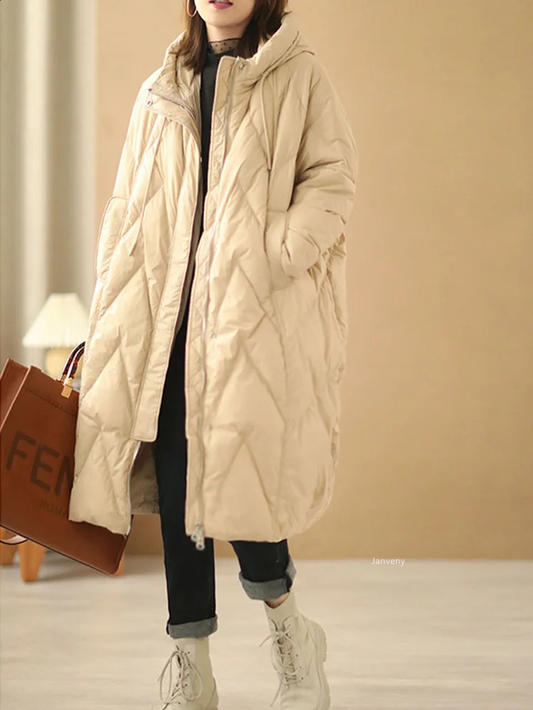 Janveny Women Loose Long Coat 90 White Duck Down Jacket Winter Female Overcoat Hooded Puffer Feather Parkas 251022