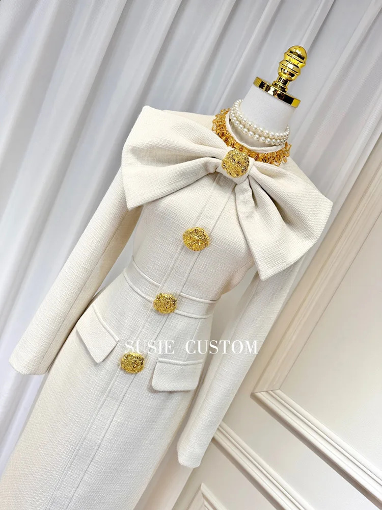 DEAT Bow Spliced Beading Dress For Women Solid Color Round Collar Long Sleeve Tweed Dresses Female Spring Fashion 15KB6239 240824