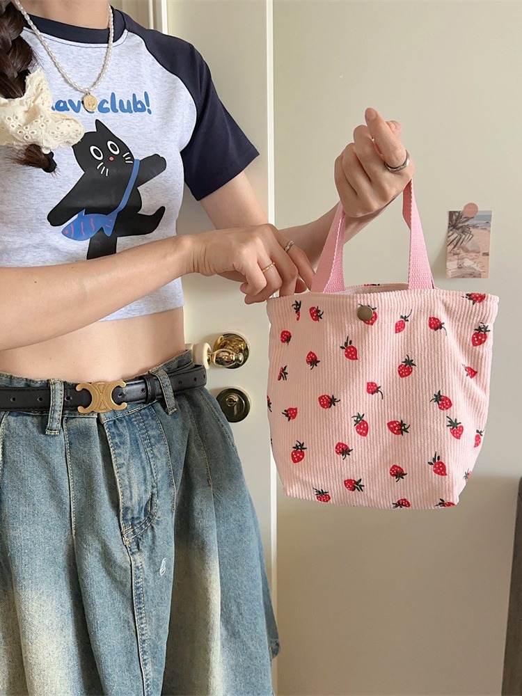 Fashionable corduroy strawberry printed large capacity casual shoulder bag