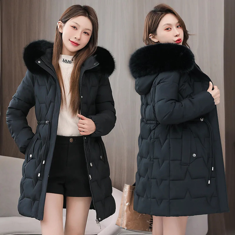 winter womens Parka fur hooded jacket thick cotton padding cushioned casual long clothing loose 240823