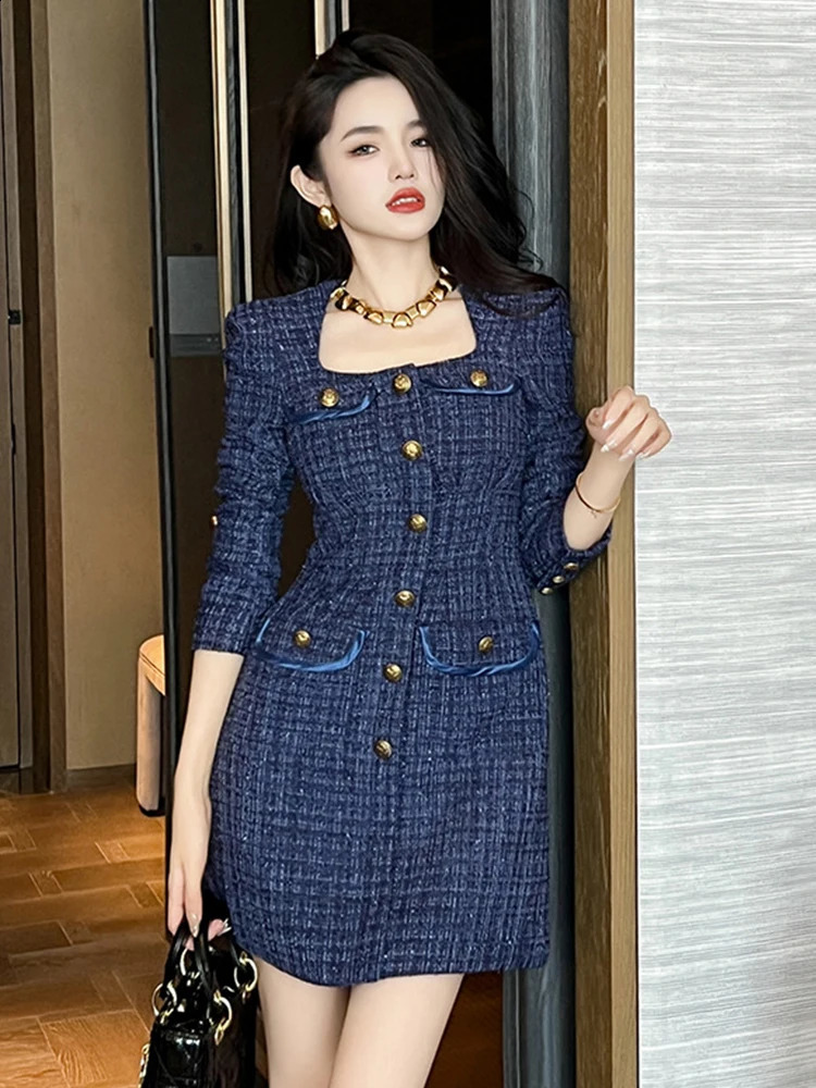 Quality Retro Short Dress for Women Elegant Blue Tweed Bright Silk Single Breasted Long Sleeve Mini Gown Office Street Vestidos 240824