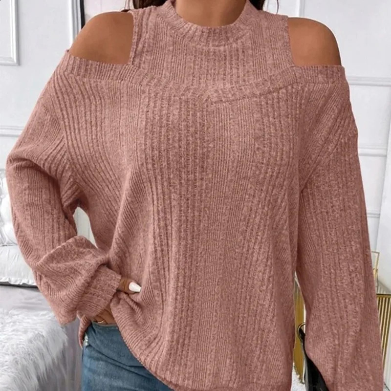 Womens Autumn Winter Solid Round Neck Off Shoulder Paisley Flared Long Sleeve Sweater Knitted T-shirt Office Lady Loose Tops 240824