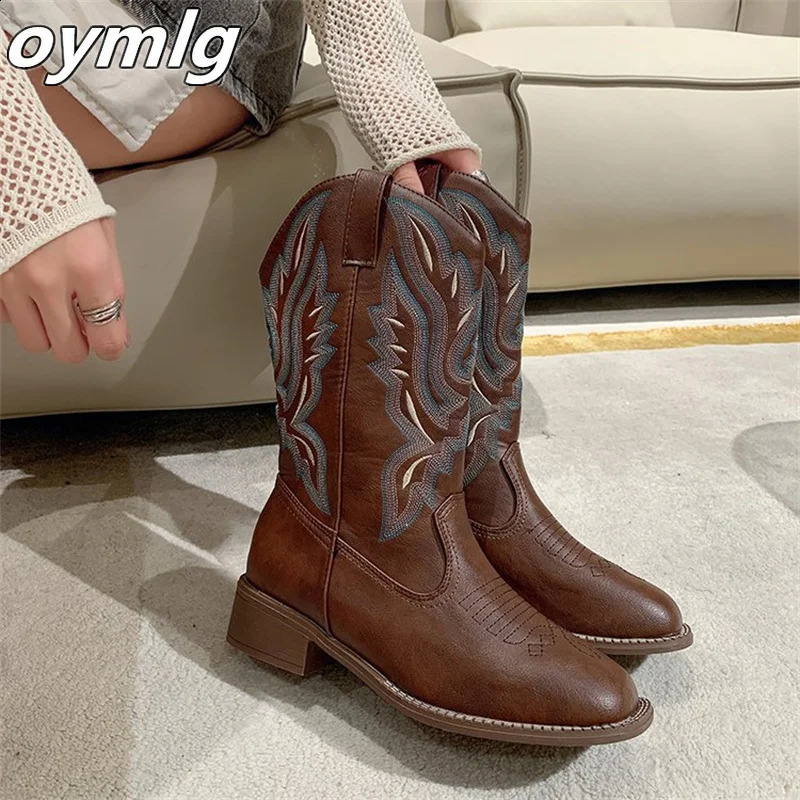 2024 Coarse Heel Western Cowboy Boots V-neck Embroidered Sleeve Knight Boots Retro Middle Hat Square Head Womens Boots 240823