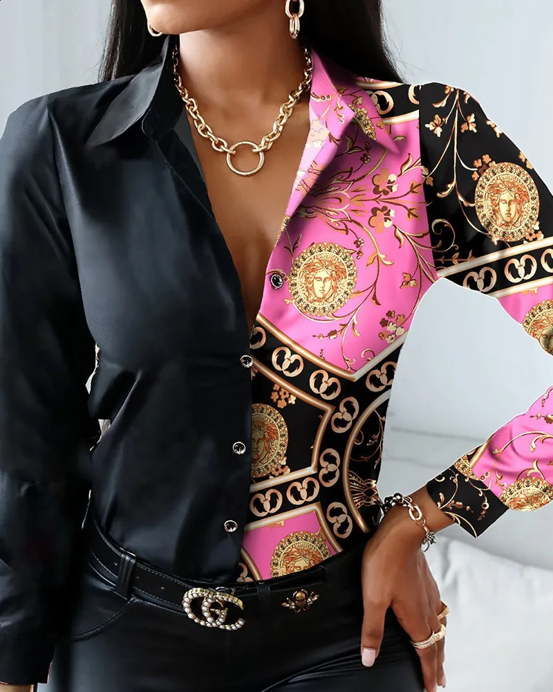 Women Fashion Wild Shirts Chain/Floral/Letter/Geometric Square Print Turn-Down Collar Long Sleeve Blouses 240823