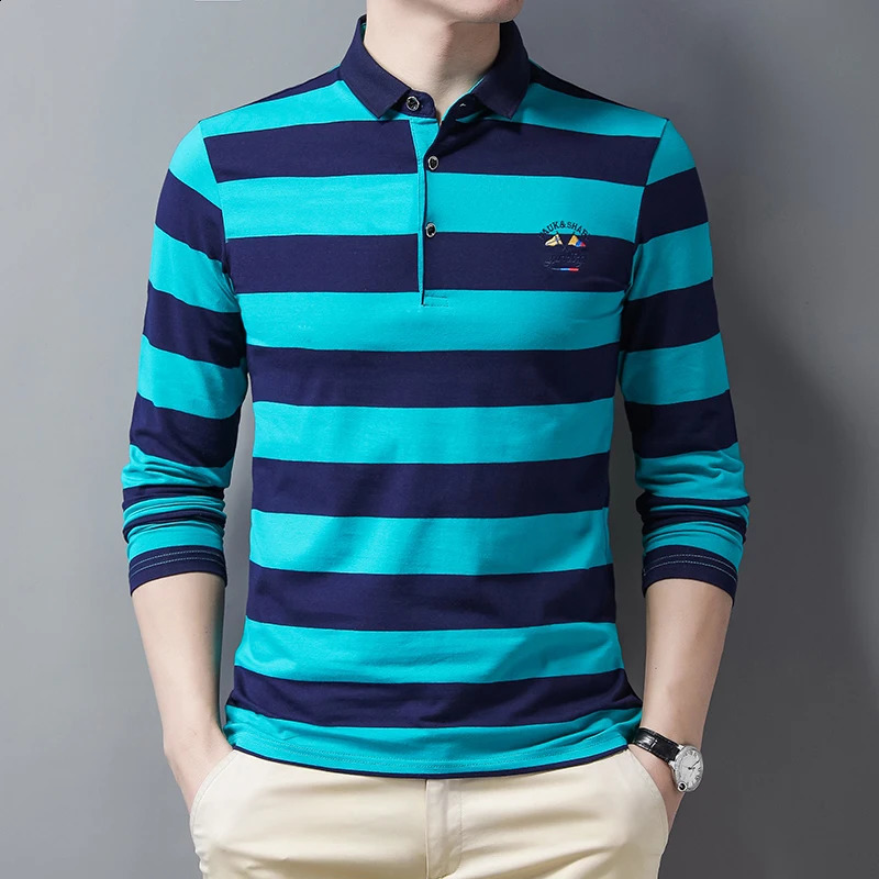 Summer Stripe Embroidery Mens Street Clothing Polo Shirt Cotton Casual Top Fashion Street Long Sleeve Mens Clothing 240824