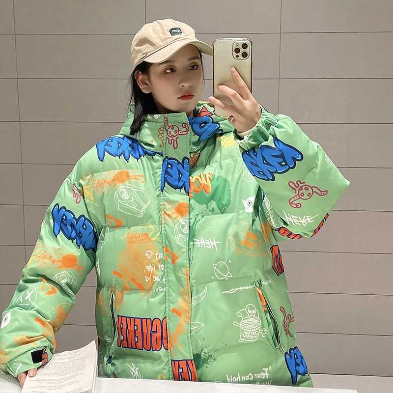 Women's Down Parkas Fashion Y2K T-shirt Printed Hooded Puff Jacket Womens Kavay Cartoon Casual Zipper Jacket Womens Winter Thick Warm Jacket Y240