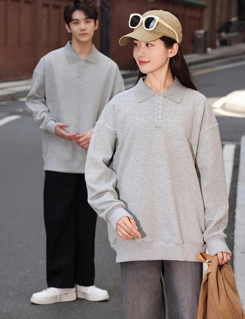 Long Sleeve Buttons Polo Shirt Solid Color American and European Size Loose Pattern Sweatshirt Polo Collar Jumpers Rib Cuff Tops 240824