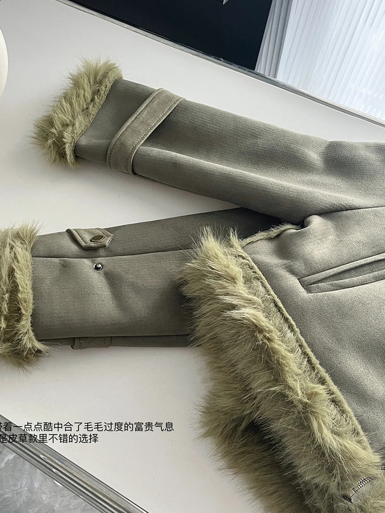 American Retro Woolen Coat TurnDown Collar Vintage Long Sleeve Green Leather Jacket Cozy Outerwear High Street Autumn Winter 240823