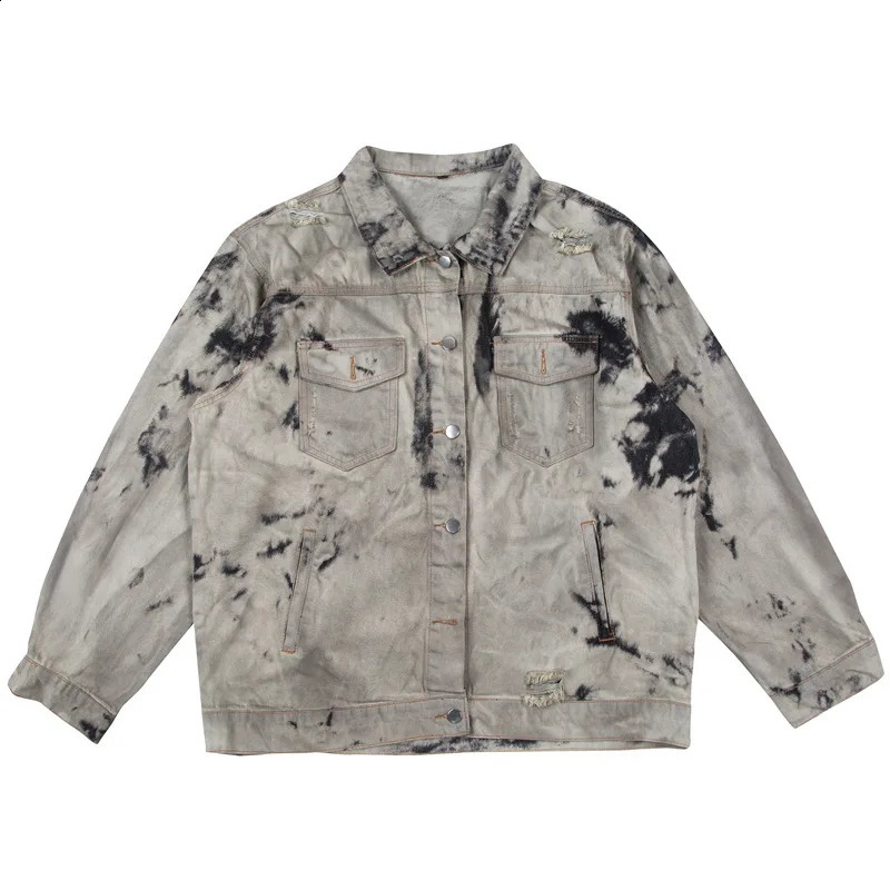 Men Streetwear Vintage Denim Jacket Tie Dyed Washed Distressed Pocket Jacket Jeans Harajuku Loose Bomber Jacket Coat Cotton 240823