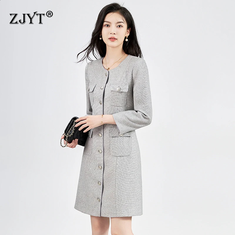 ZJYT Elegant Autumn Womens Sequined Tweed Dress Long Sleeve Single Breasted Breif Short Office Dresses Vestidos with Pockets 240824