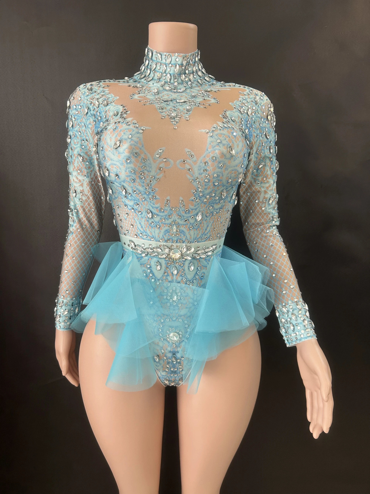 Sparkly Rhinestones Womens Tight Dress Elastic Pink Mesh Ruffle Crystal Nightclub Dancer Stage Party Set 7G w240824