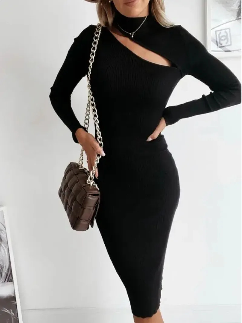 Womens Clothing Autumn and Winter Fashion Crewneck Sexy Shoulder Long Sleeve Knitted Dress 240823