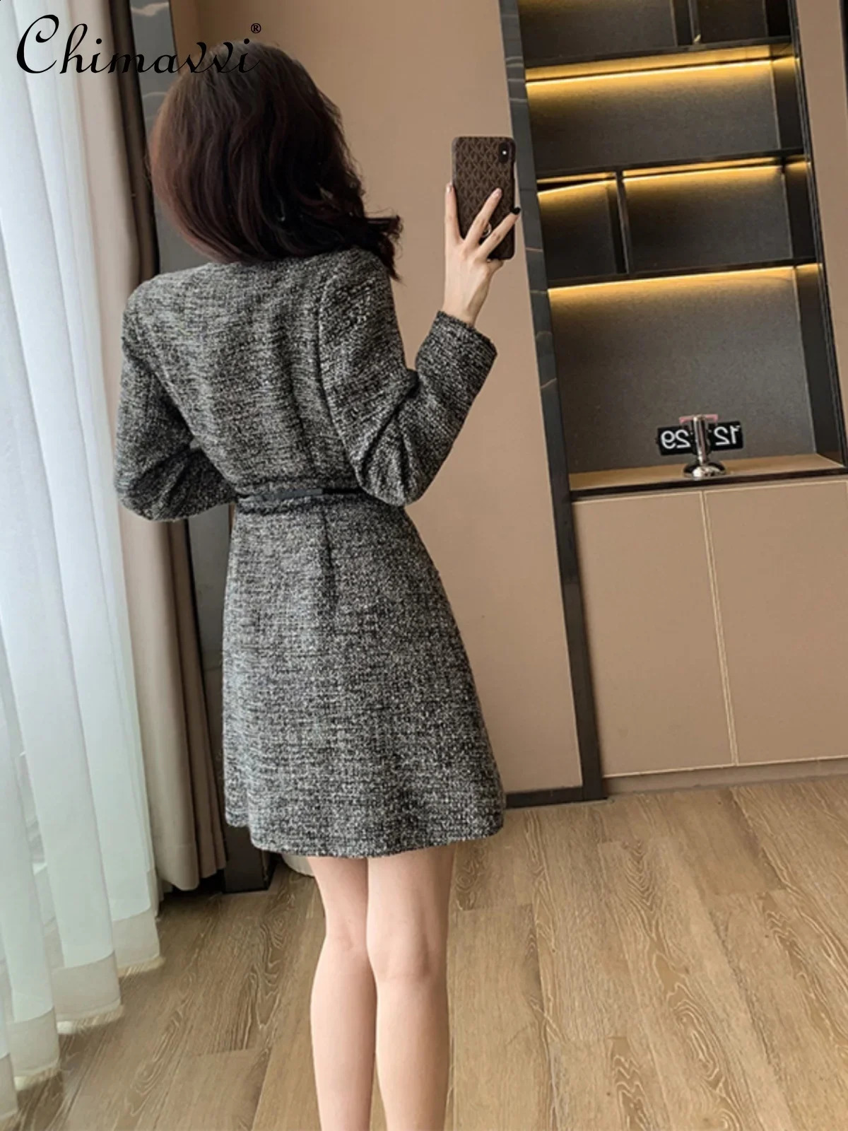Gray Long-sleeved Dress Womens Spring and Autumn High-end Fashion Office Lady Elegant High Waist Slim-fit Short Tweed Dress 240824