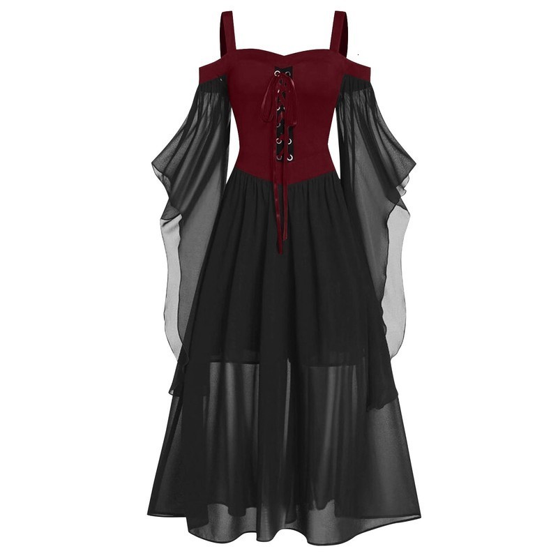 Retro medieval witch long dress Halloween carnival mesh drawstring big swing solid color retro style w240824
