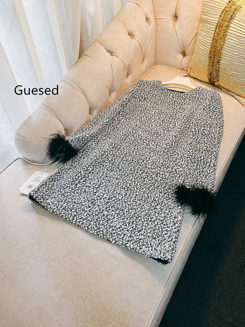 Guesed French Handmade Sequins Tweed Dress Ladies Long Sleeve Detachable Feathers Dresses Arrival 240824