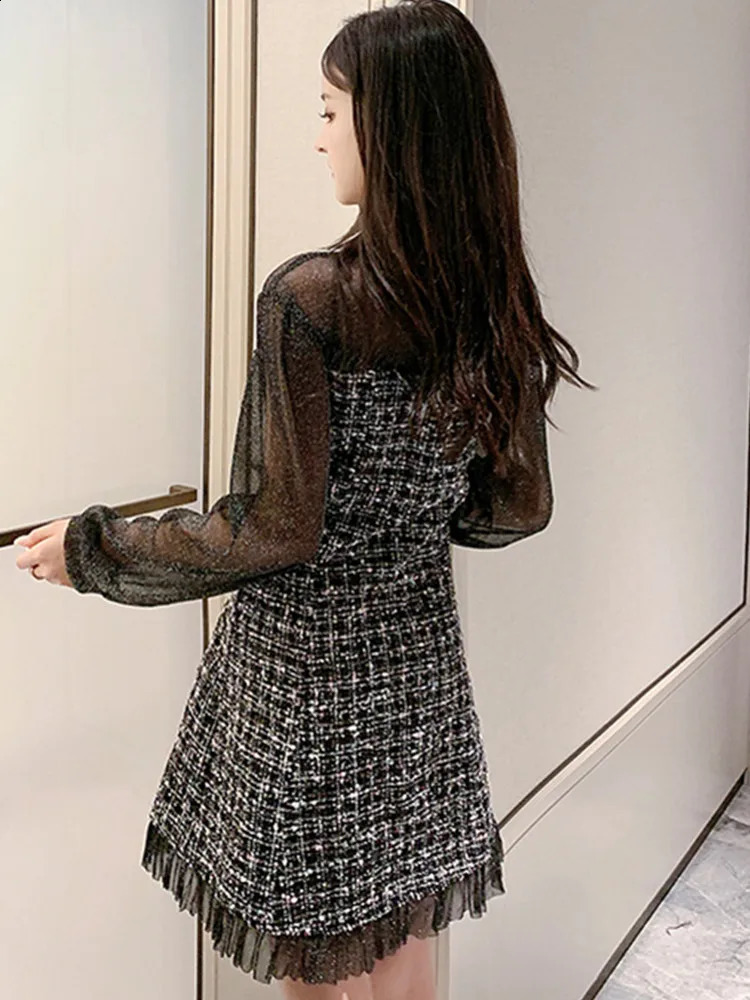 HMA Autumn And Winter Sexy See-Through Mesh Tweed Dress Ribbon Bow Single-Breasted Long Sleeve Chic Woolen Dresses 240824