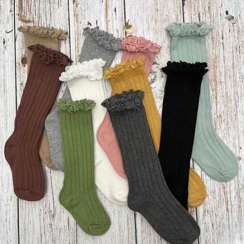 Ruffle Kids Knee High Socks Baby Girls Toddlers Long Soft Cotton Sock Lace Flower Children School Uniform Socks For 0-8 Years CL240824