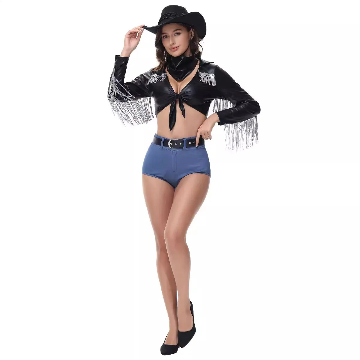 Halloween Western Cowboy Black Patent Leather Sexy Split DJ Female Singer Set Bar Performance Stage Costume 240823