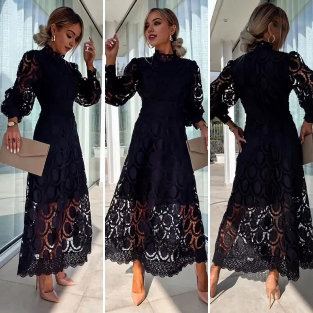 French inspired evening gown elegant lace maxi dress with bubble sleeves stand up collar womens hollow tight waist 240824
