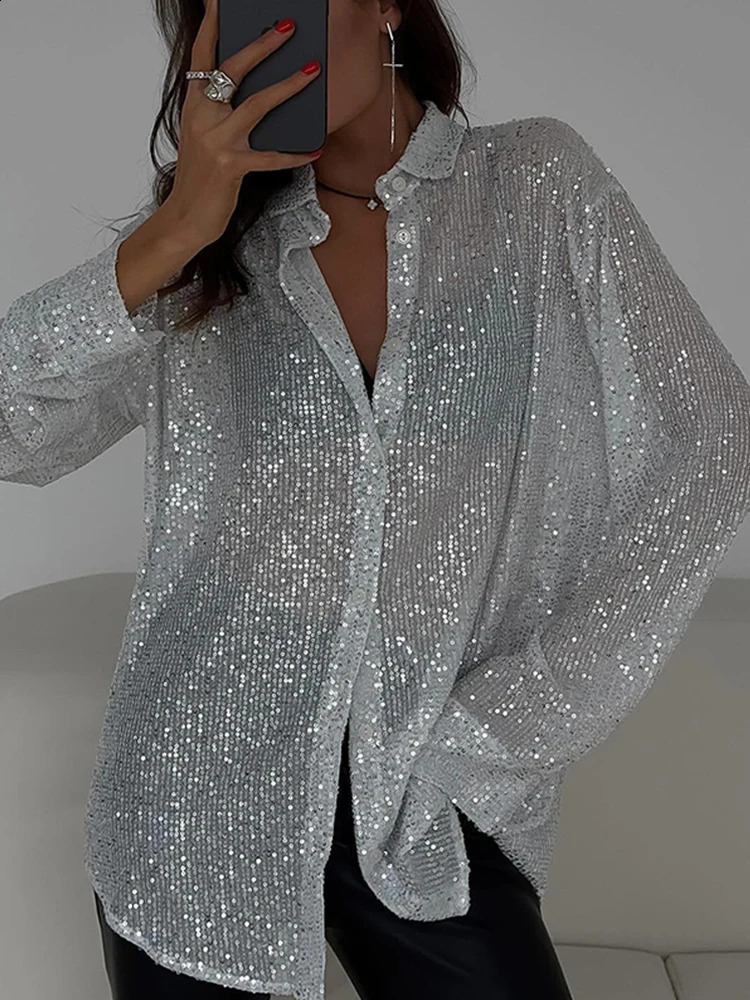Sequin Turndown Collar Womens Oversize Shirt Casual Sparkle Glitter Loose Long Sleeve Spring Silver Summer Vintage Shirt 240823