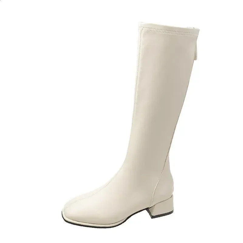 2024 Large 43 Thick High Heel Knight Knee Boots Womens Elegant Shoes Plush White Autumn Winter Leather Boots 240823