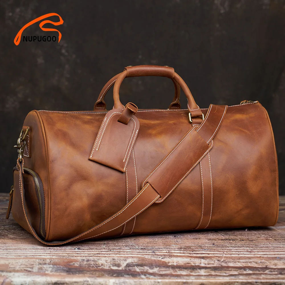 Vintage mens travel bag genuine leather handbag Boston bag luggage large capacity shoulder 16 inch laptop NUPUGOO 240824