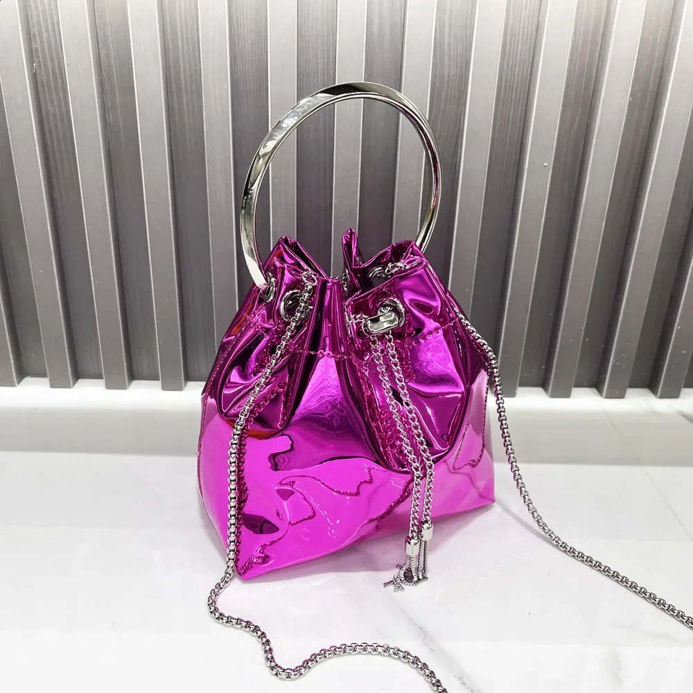 Gold Silver Rose red Glossy Drawstring Bucket Bag For Women Fashion Round Circle Pu Handbags Wedding Party Clutch Shoulder Bag 240823