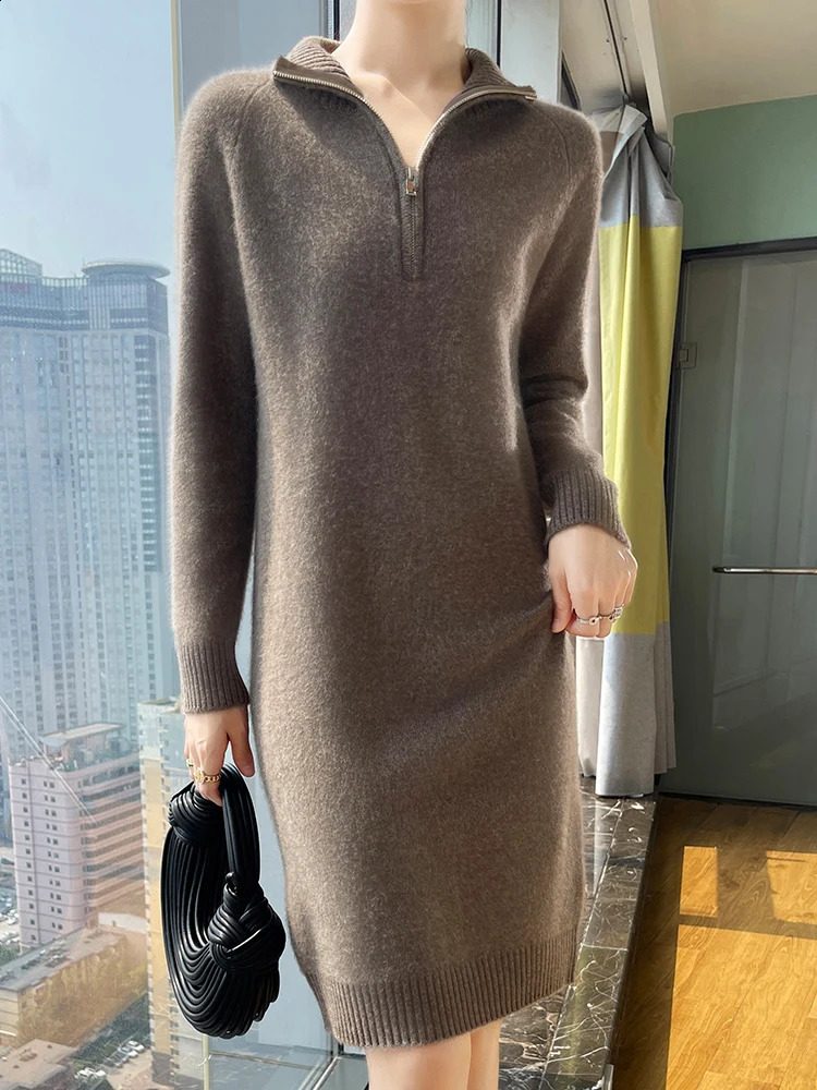 Fall/winter lapel 100 wool long solid color dress womens loose over-the-knee wool long-sleeved knitted bottoming skirt 240824