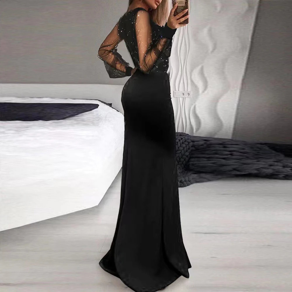 Women Sexy V-Neck Dresses Mesh Sequin Elegant Temperament Slim Fit Split Long Skirt Summer Long Sleeve Party Cocktail Maxi Dress 240823